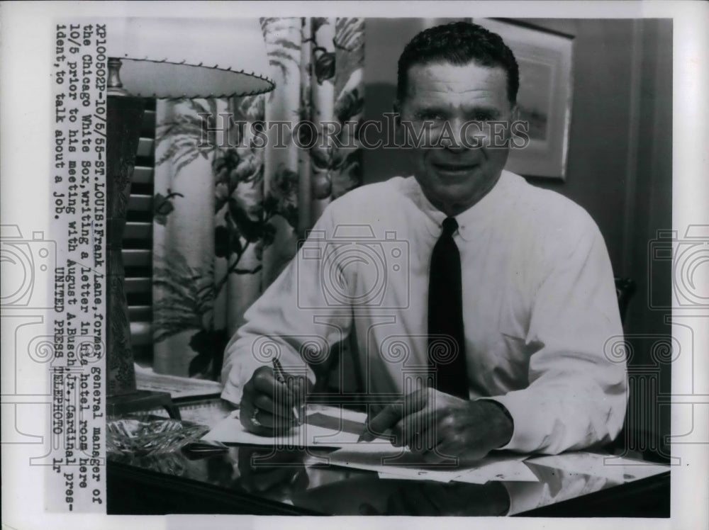 1955 Press Photo Frank Lane, former Gen.Manager of the Chicago White Sox - Historic Images