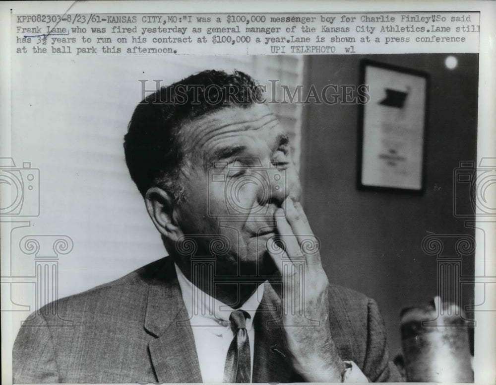 1961 Press Photo GM Frank Lane Fired By Athletics Owner Finley - nea17952 - Historic Images