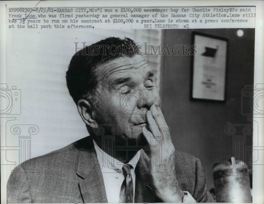 1961 Press Photo GM Frank Lane Fired By Athletics Owner Finley - nea17952 - Historic Images