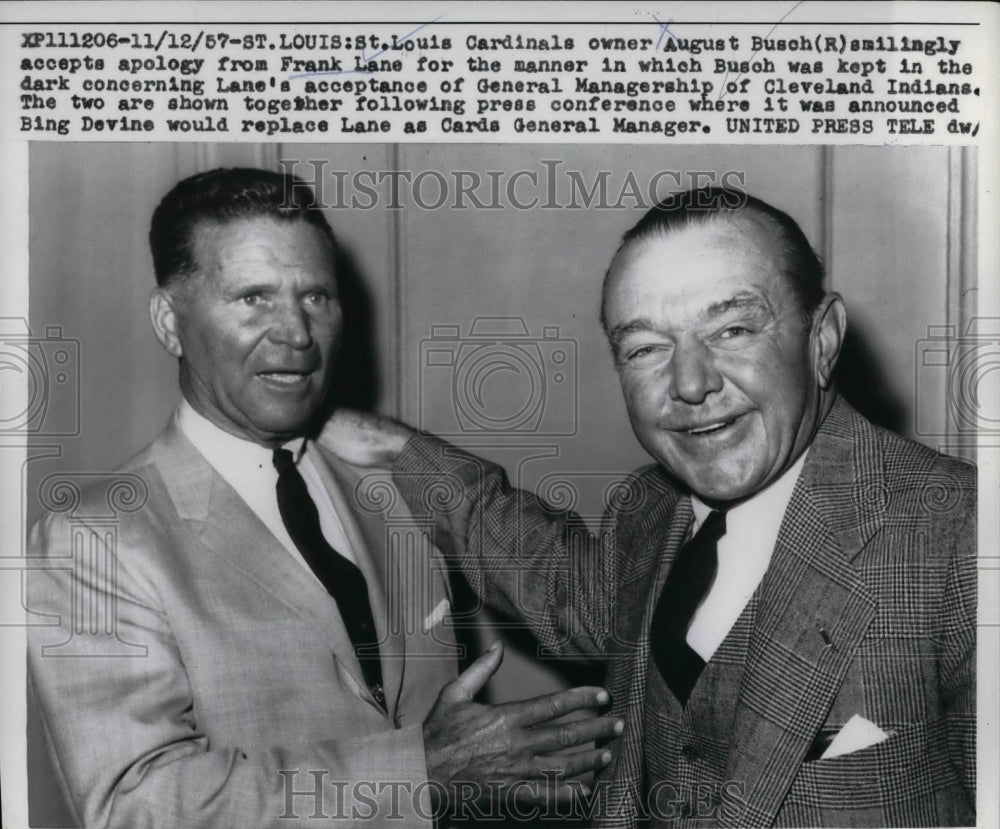 1957 Press Photo New Indians GM Frank Lane With St. Louis Cardinals Owner-Historic Images