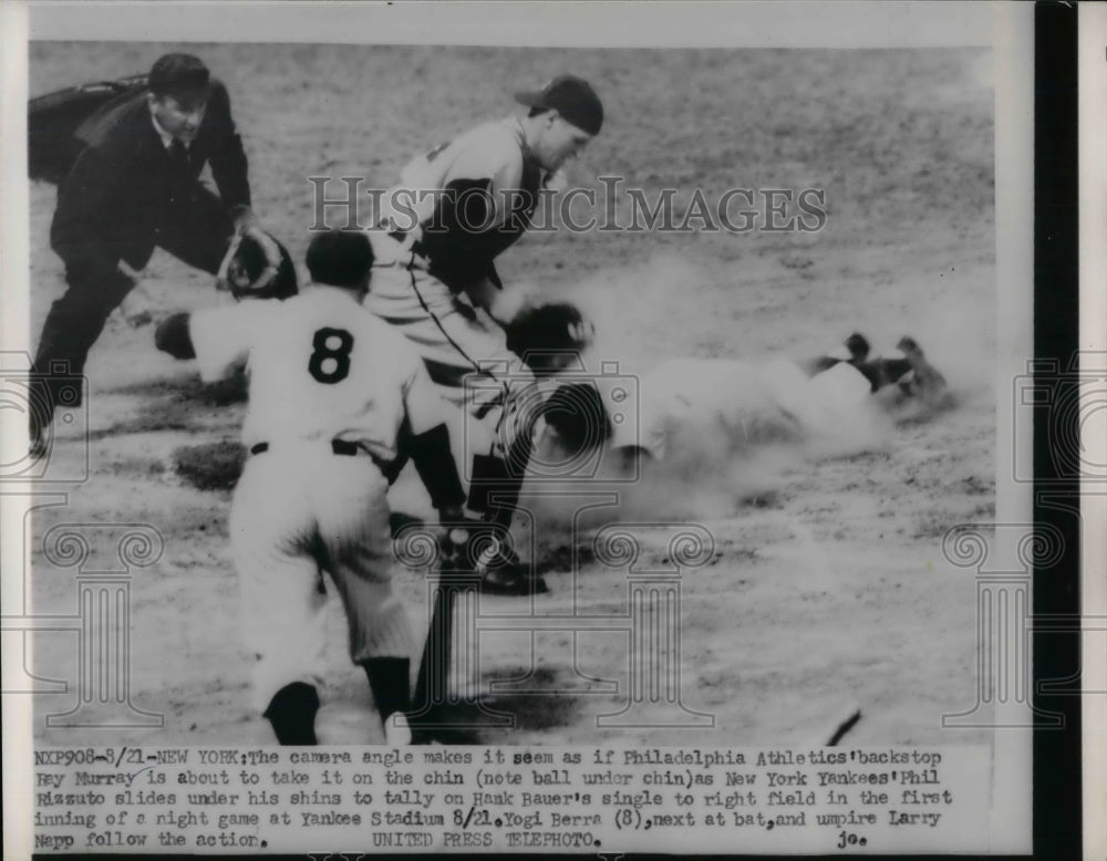 1958 Ray Murray, A's, Catcher, Yankees' Phil Rizzuto sliding - Historic Images