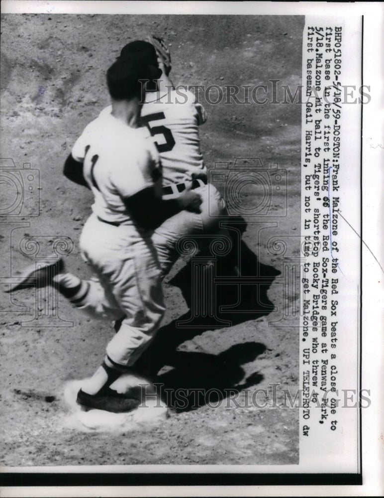 1959 Press Photo Frank Malzone beats a close on at 1st, Gail Harris makes catch - Historic Images