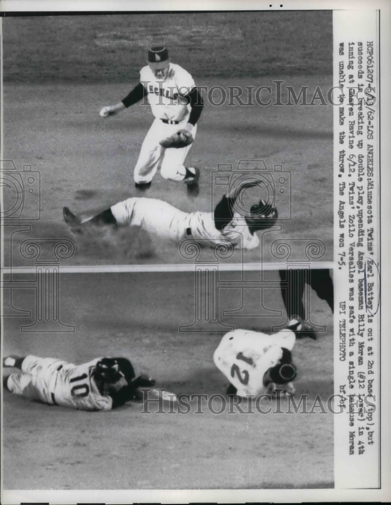 1962 Press Photo Earl Battey, out at 2nd, upends Billy Moran, 12 - Historic Images