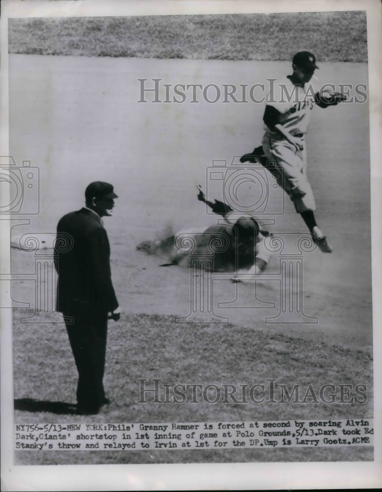 1951 Giants' Alvin Dark soaring over Philadelphia's Granny Hamner - Historic Images