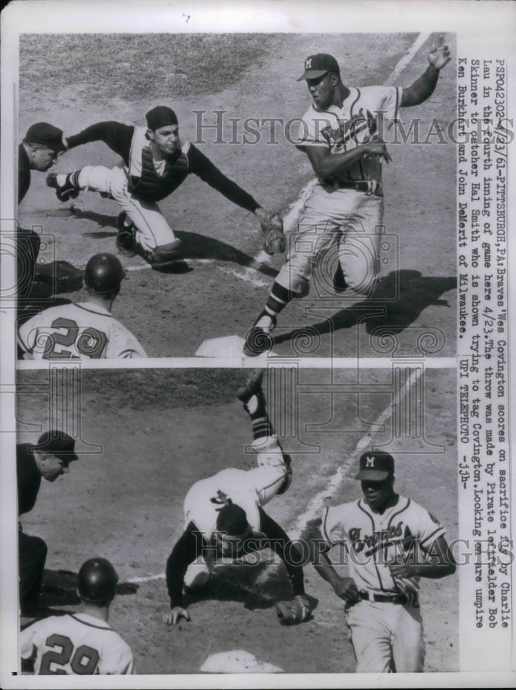 1961 Wes Covington scores, catcher Hal Smith tries tag - Historic Images