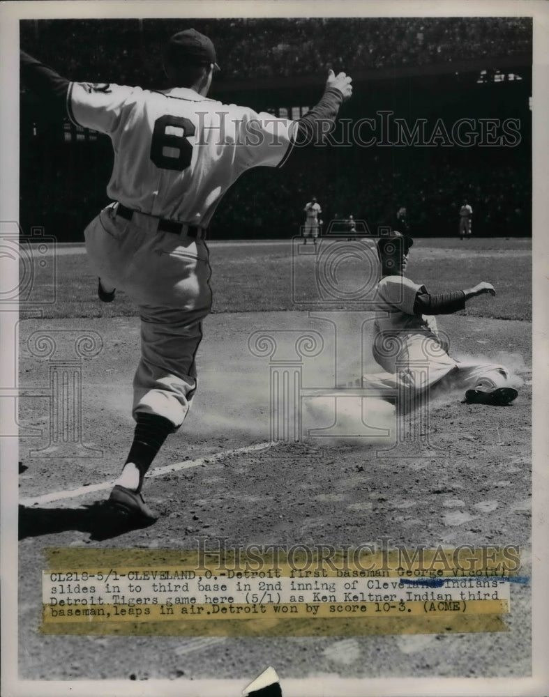 1948 Press Photo Tigers George Vico Slides To 3rd W/Indians Ken Keltner In Air - Historic Images