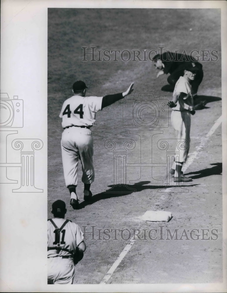 1950 Press Photo Umpire Art Passarela on ground hit down by a Ball of Indians.-Historic Images