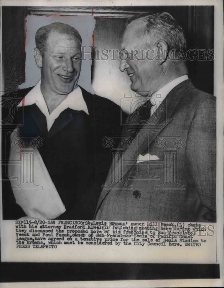 1958 Press Photo St Louis Browns Owner Bill Veeck &amp; Attorney Bradford Melvin - Historic Images