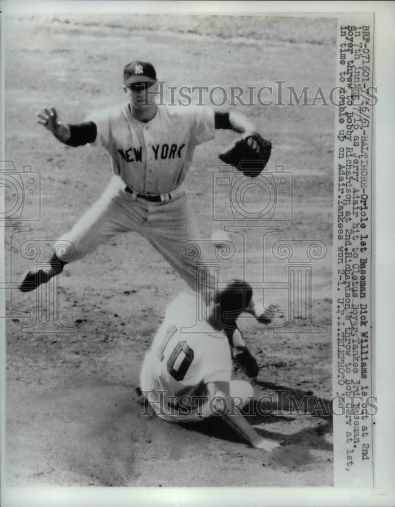 1961 Press Photo Oriole 1st Baseman Dick Williams &amp; Cletus Boyer Yankee 3rd Base - Historic Images