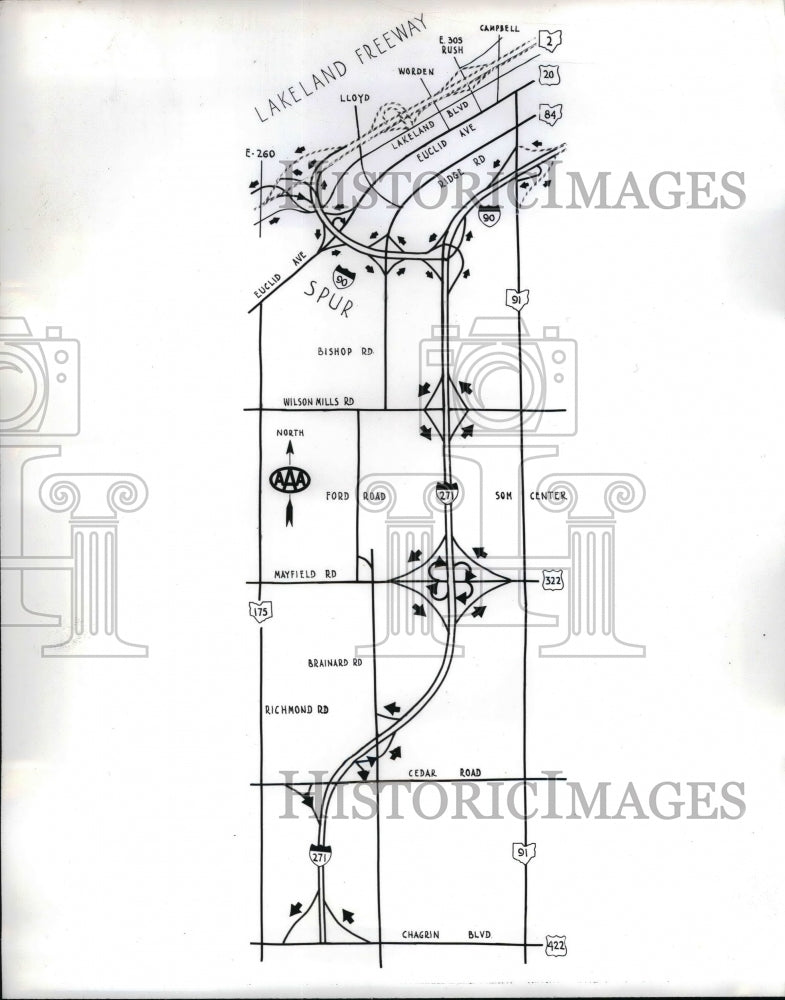 Map from Cleveland Automobile Club, Outerbelt East, Spur, Lakeland - Historic Images