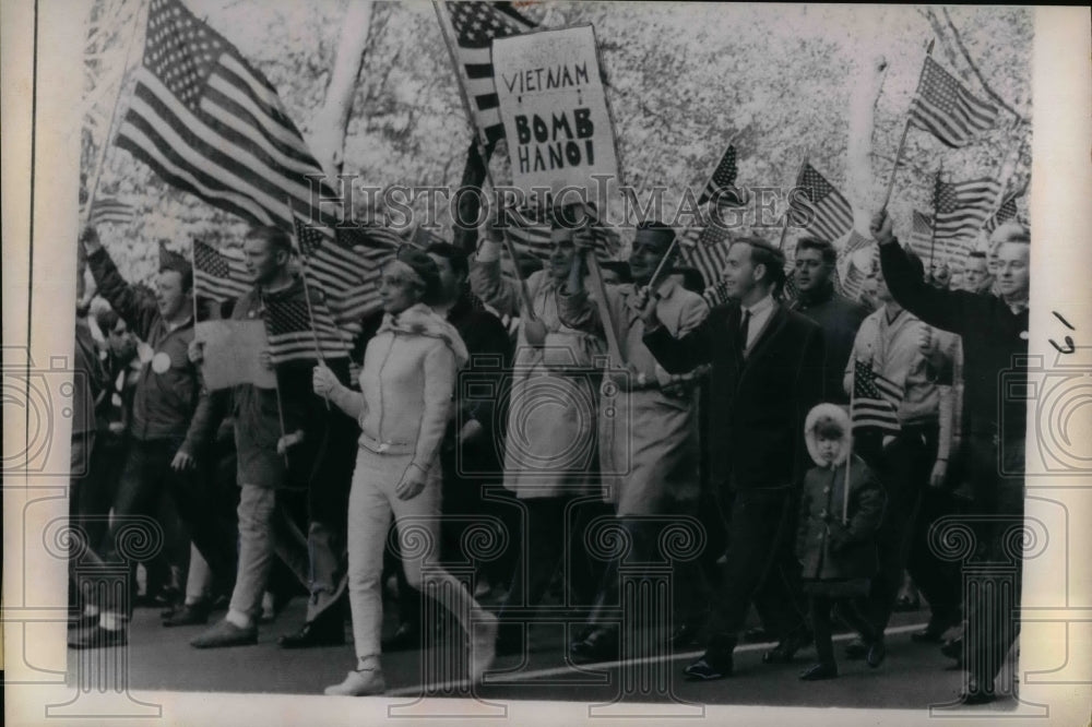 1966 Marchers Carrying American Flags support US policies in Vietnam - Historic Images