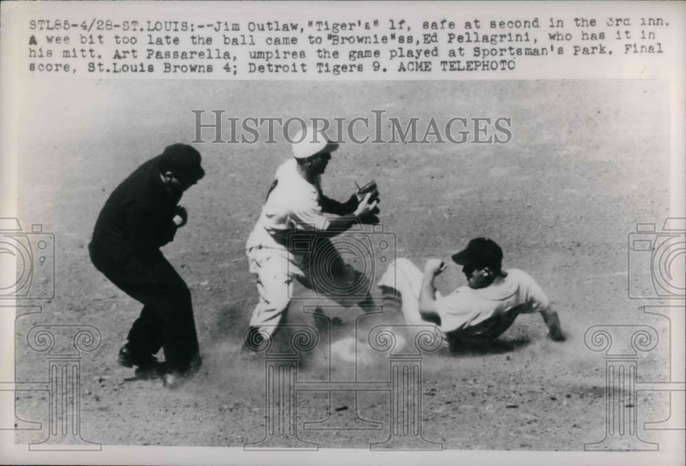 1948 Jim Outlaw of Tigers slide safe against Ed Pellagrini in Browns - Historic Images