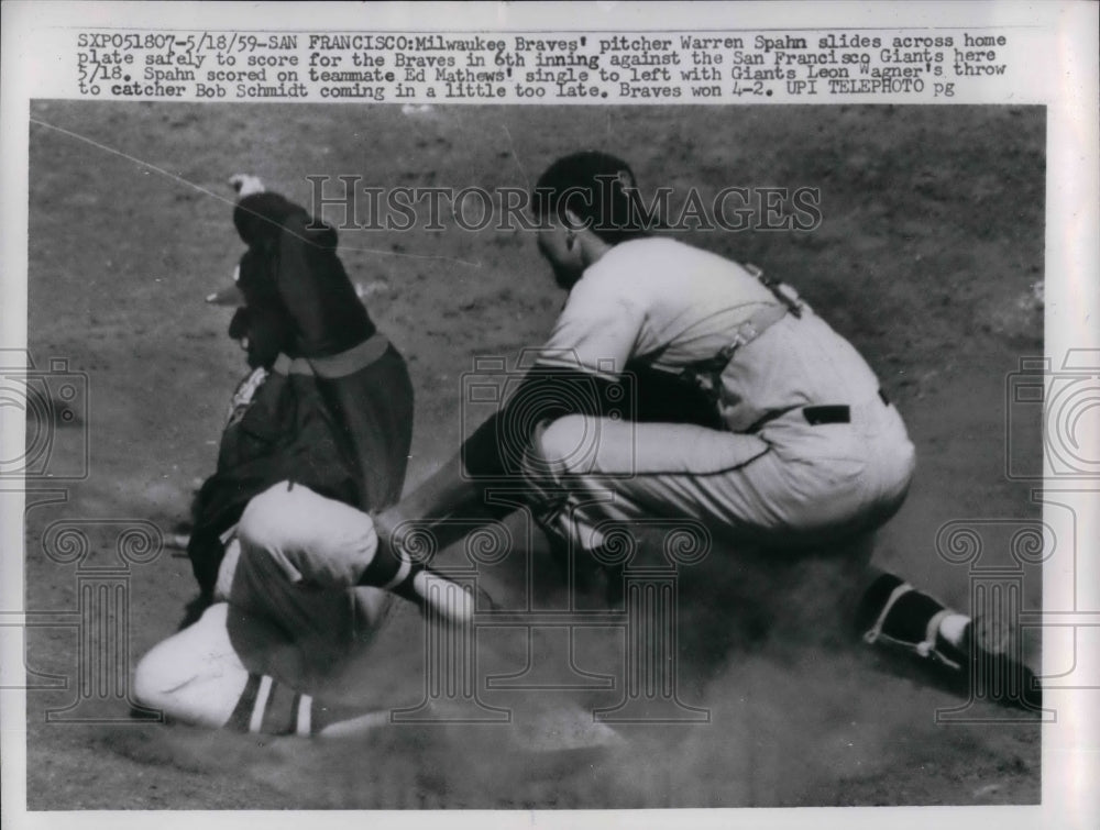1959 Press Photo Warren Spahn, Milwaukee Braves, Bob Schmidt, Giants - nea20422 - Historic Images