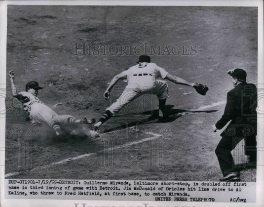 1955 Baltimore's Guillermo Miranda doubled off 1st in Detroit game - Historic Images