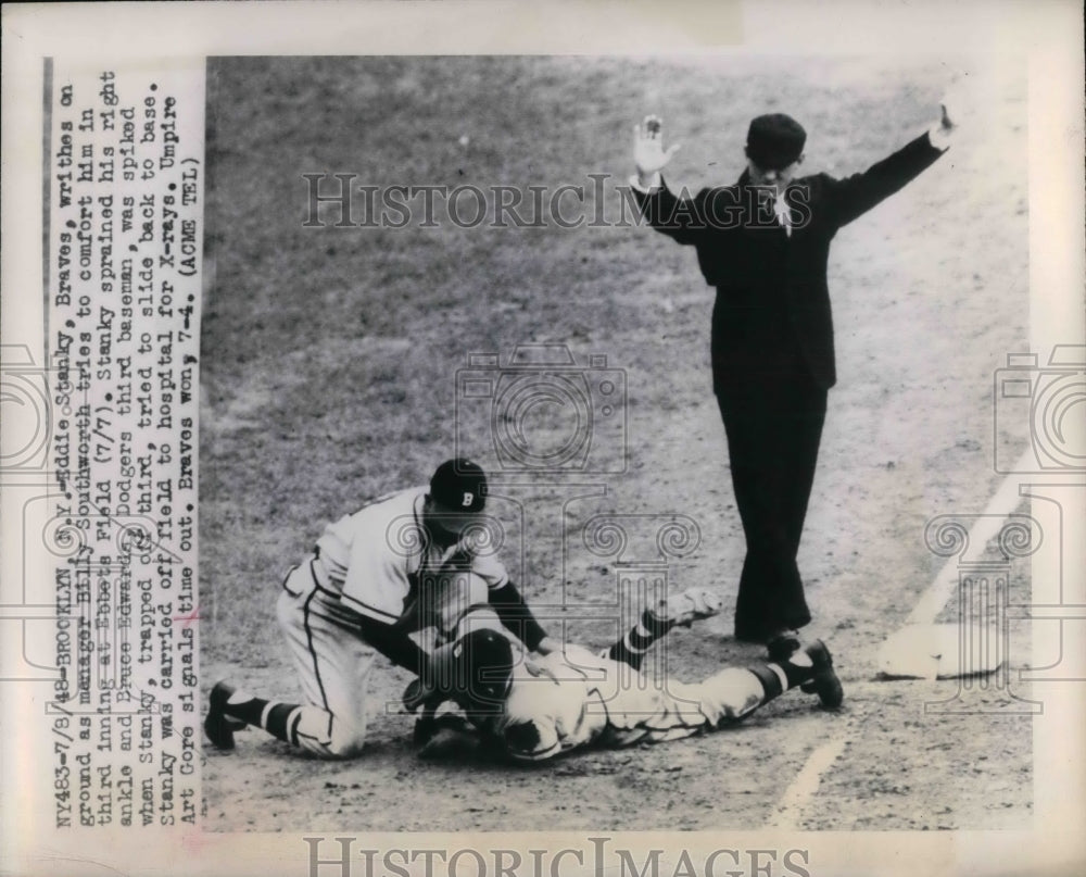 1948 Press Photo Eddie Stanky Braves Billy Southworth at Ebbets Field Ump. Art - Historic Images