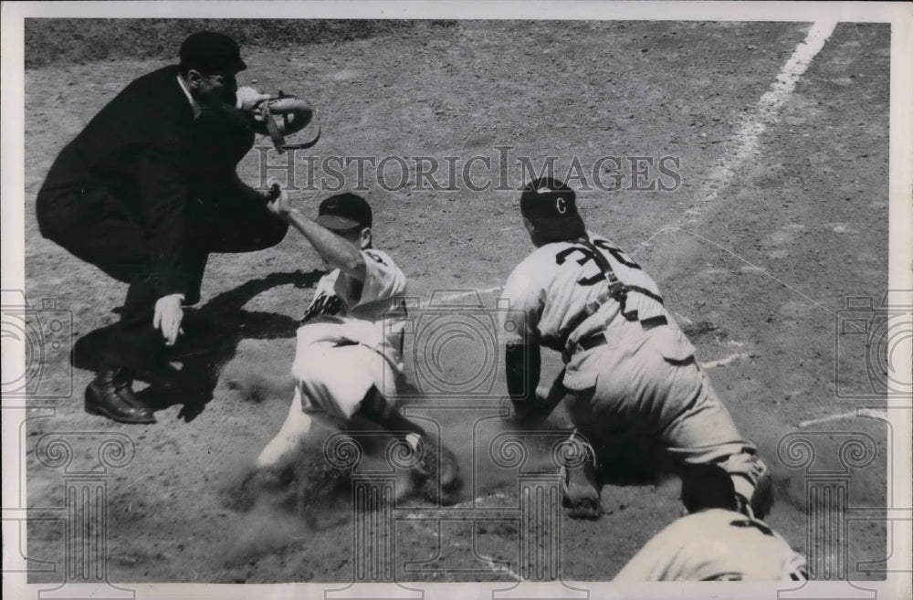1950 Indian Dale Mitchell safe at home vs White Sox Phil Maai - Historic Images