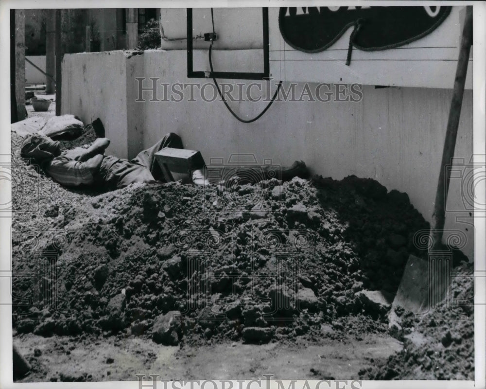 1952 Port Lyautey French Construction Job worker on pile of dirt - Historic Images