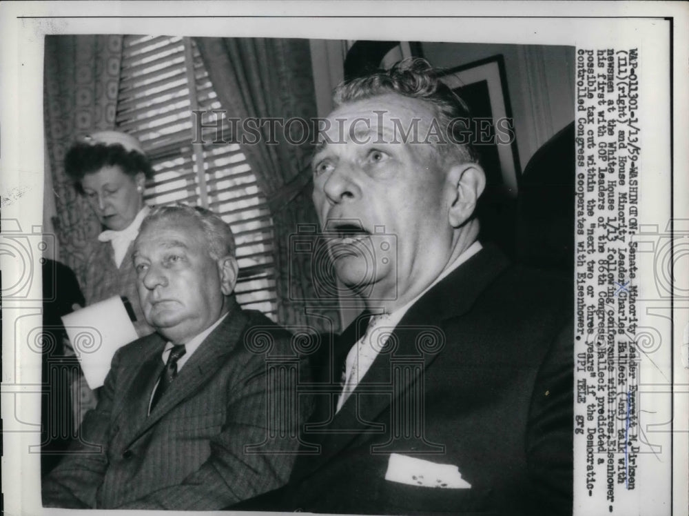 1959 Press Photo politicians Everett Dirksen and Charles Halleck at press conf. - Historic Images