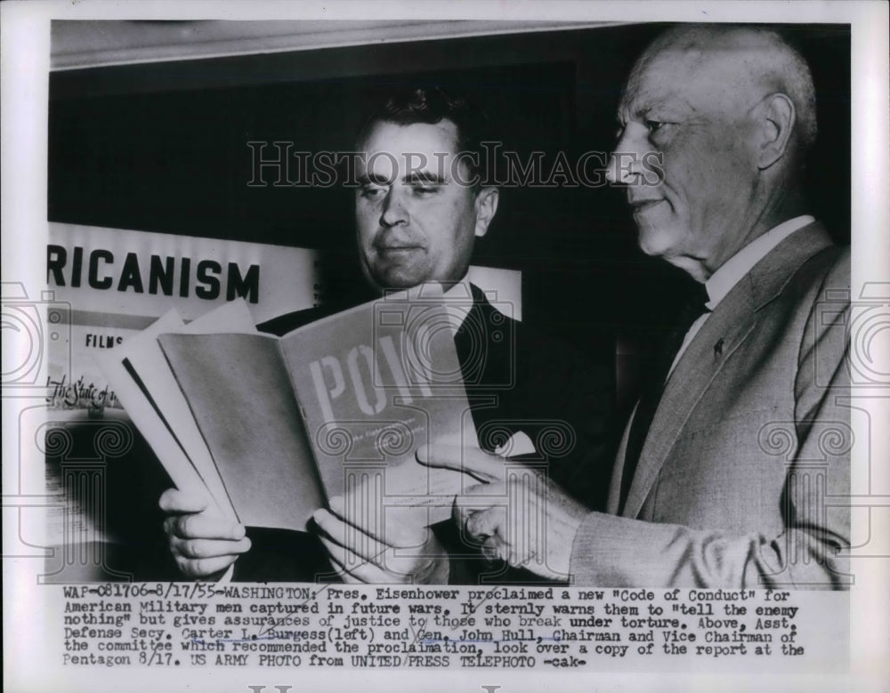 1955 Press Photo Carter L. Burgess, Asst. Defense Secretary, General John Hull - Historic Images