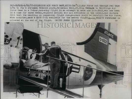 1957 Press Photo sick Patterson Wall flown back to U.S. from Bermuda - nea20855 - Historic Images