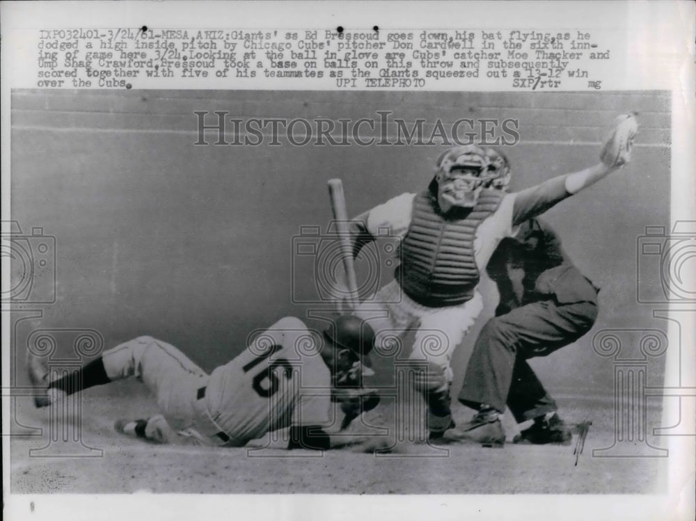 1961 Press Photo Giants Ed Brassoud Chicago Cubs Don Cardwell - Historic Images