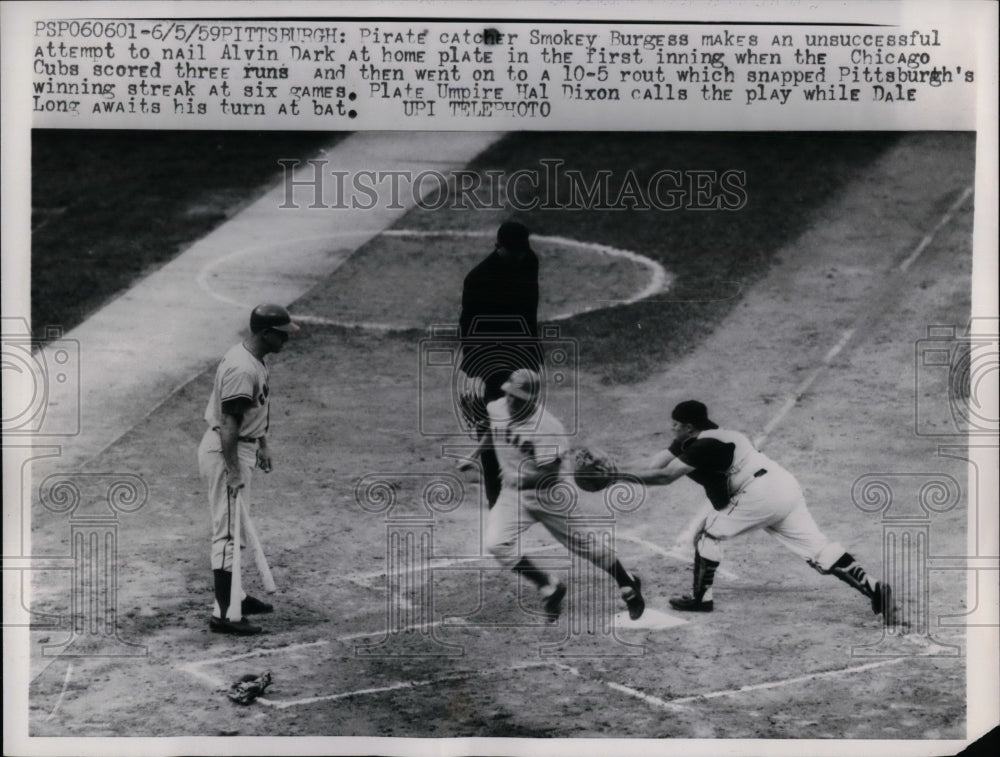 1959 PIrates Catcher Burgess Unsuccessfully Tries To Tag Cub Dark - Historic Images