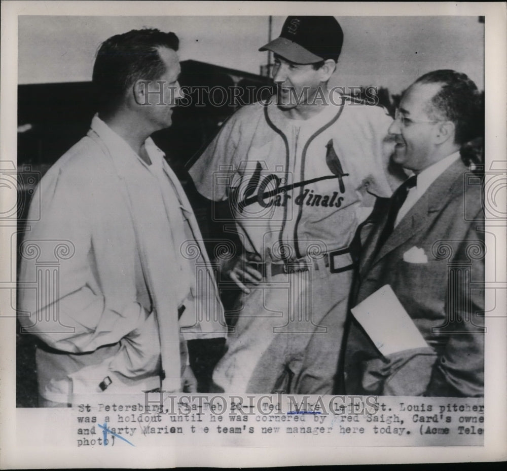 1951 Press Photo cardinals Pitcher Ted Wilke With Owner Fred Saigh-Historic Images
