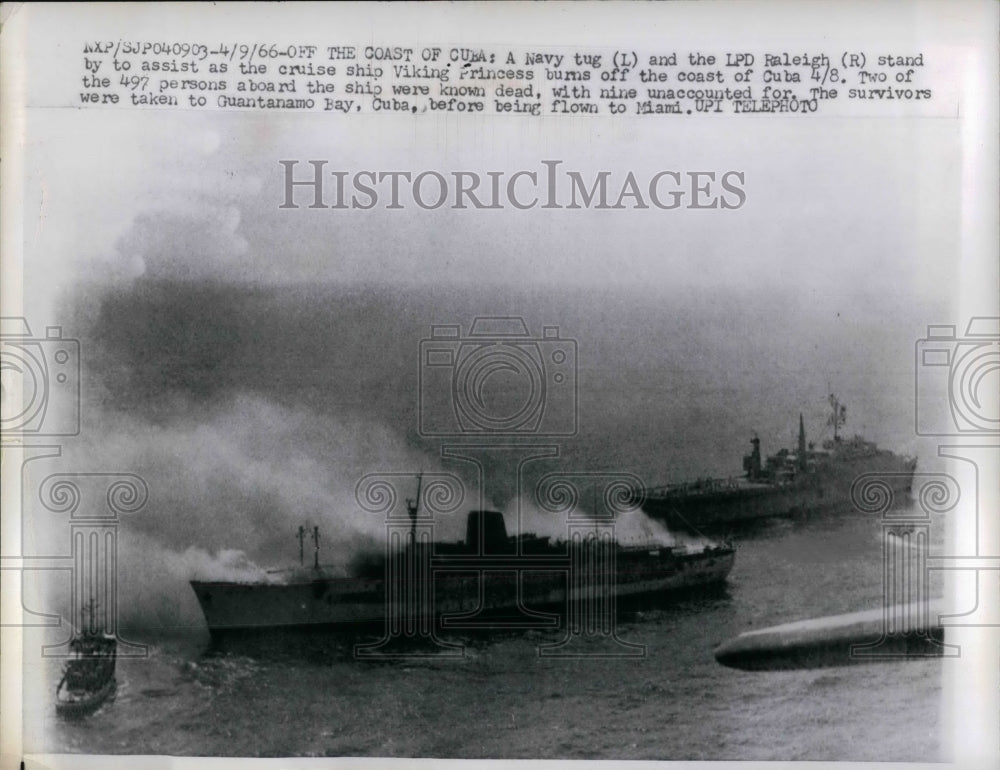 1966 Press Photo Ship &quot;Viking Princess&quot; on fire off Cuba&#39;s coast - Historic Images