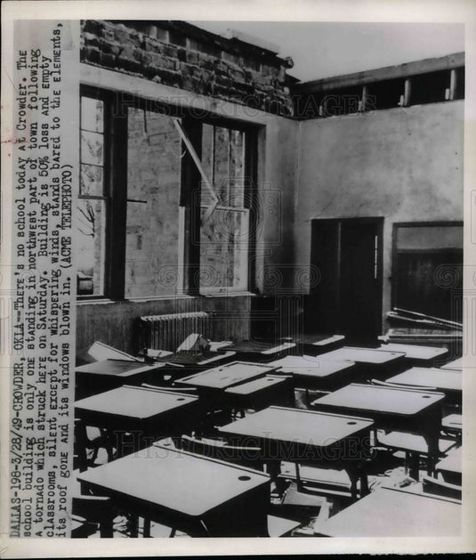 1949 Press Photo Tornado Damaged School in Crowder, Oklahoma - nea21345-Historic Images