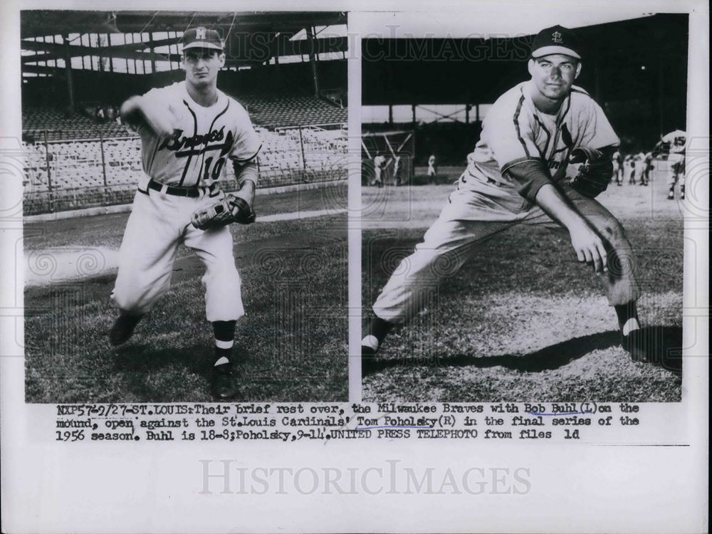 1956 Press Photo Braves Bob Buhl vs Cardinals Tom Poholsky - Historic Images
