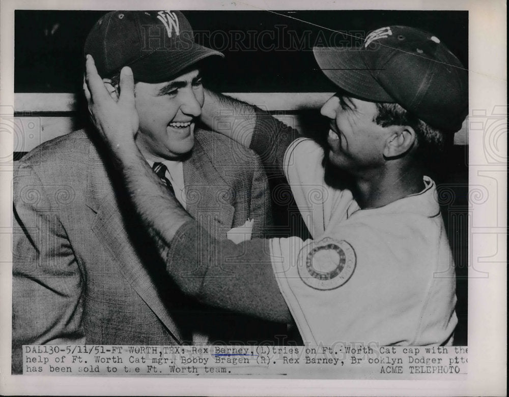 1951 Press Photo Ft wort Cat mgr Bobby Bragen &amp; Dodgers Rex Barney - Historic Images