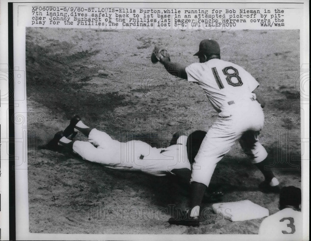 1960 Cardinal Ellis Burton vs Phillies Johnny Buzzhardt - Historic Images