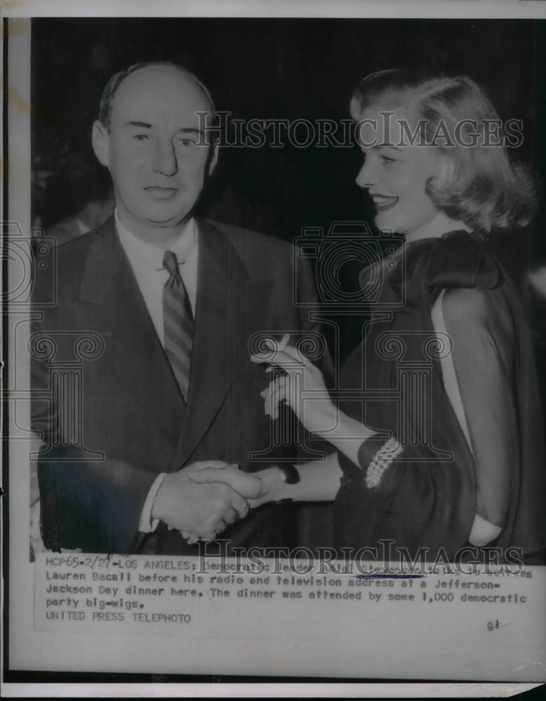 1953 Press Photo Democratic Leader Adlai Stevenson, Lauren Bacall - nea21722 - Historic Images