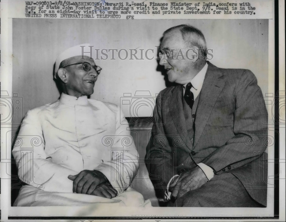 1958 Press Photo State Sec John Dulles &amp; Mararji Desai, Indian Finance Minister - Historic Images