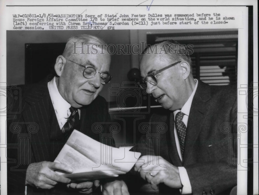 1958 Press Photo U.S. State Sec.John Dulles with Rep. Thomas S. Gordon. - Historic Images