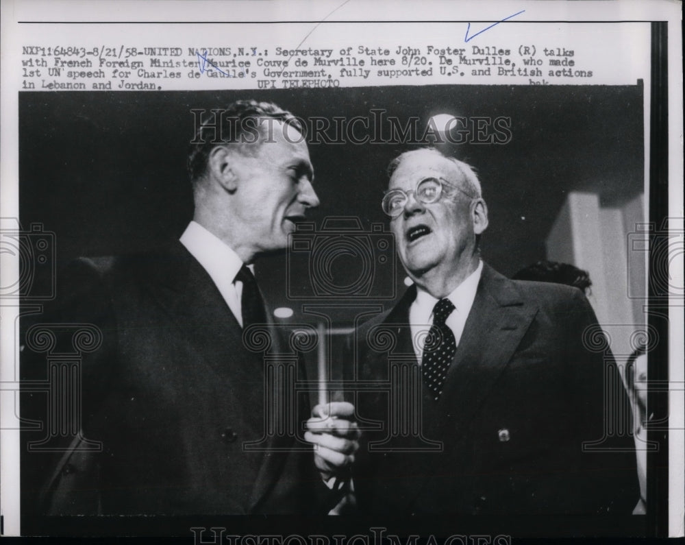 1958 Press Photo U.S. State Sec. John Dulles &amp; French Minister Couve de Murville - Historic Images