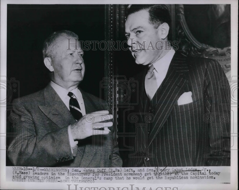 1952 Press Photo Senator James Duff Pennsylvania &amp; Henry Cabot Lodge - nea21941 - Historic Images