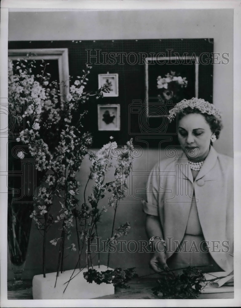 1953 Press Photo Alma Doody on delphinium &amp; larkspur arrangement - nea22042 - Historic Images