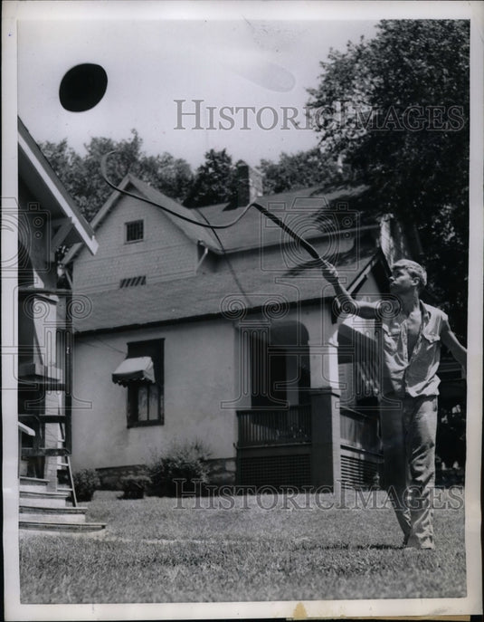 1957 Press Photo Rusty Jones Practicing With Whip In Yard - nea22073 - Historic Images