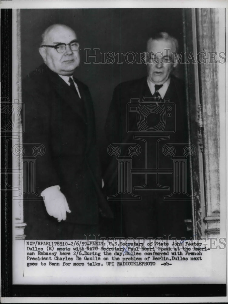 1959 U.S. Sec. of State John Foster Dulles w/ NATO Sec. Paul Henri - Historic Images