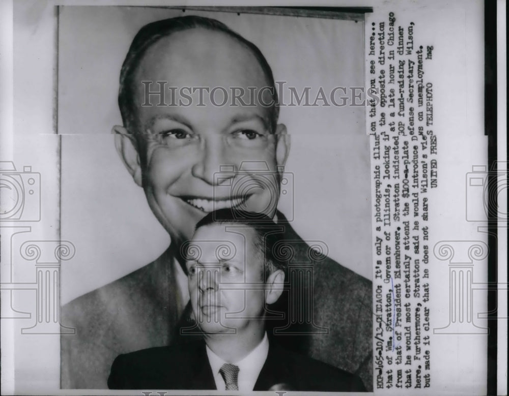 1954 Press Photo Gov. Wm. Stratton, Poses Before Eisenhower's Picture. - Historic Images