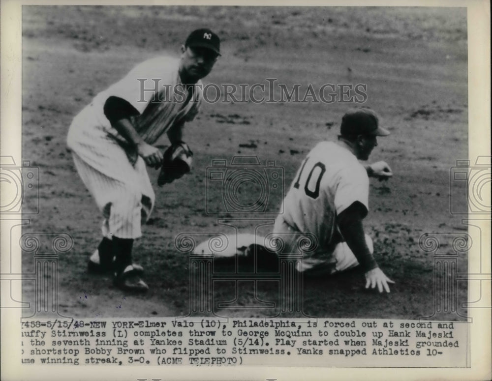 1948 Press Photo Elmer valo Philadelphia Stirnweiss George Mcquinn Bobby Brown - Historic Images