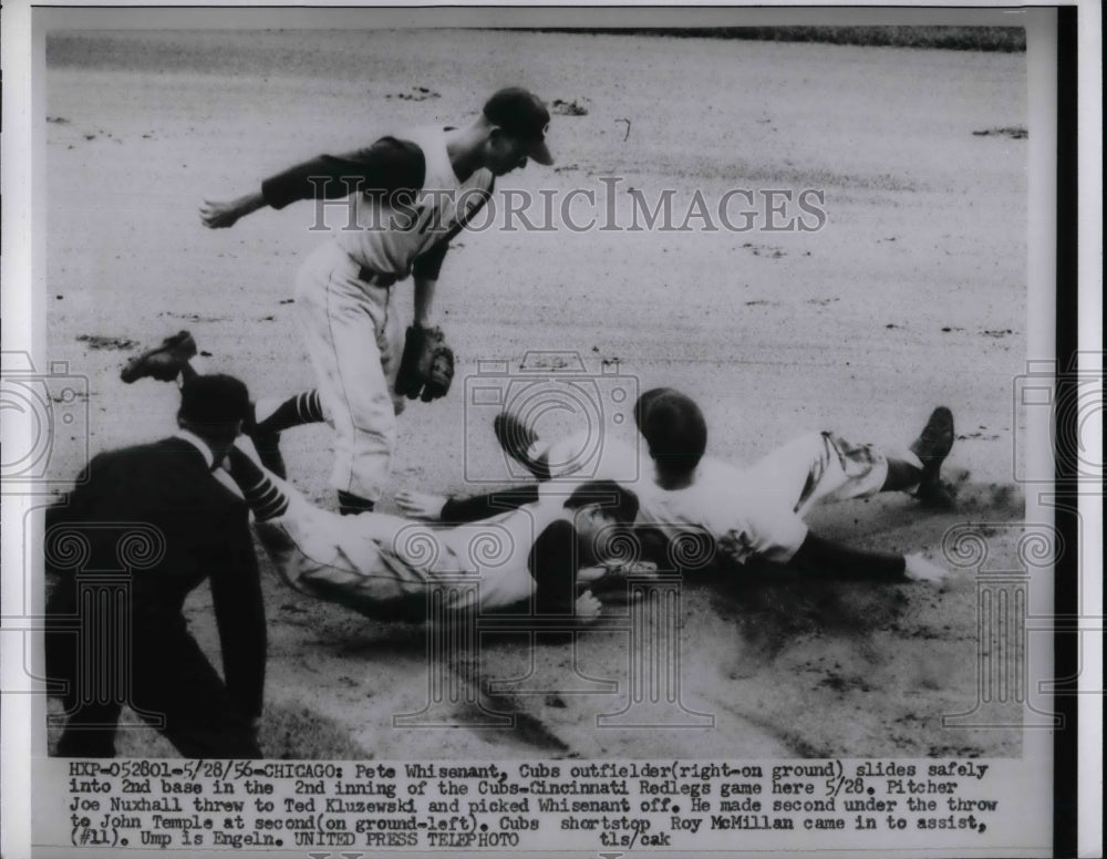 1956 Press Photo Pete Whisenant Cubs Outfielder Slides Safely-Historic Images