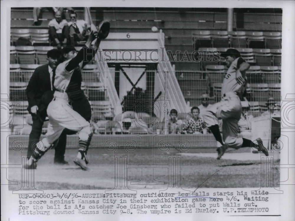 1956 Press Photo Pittsburg Pirates Outfielder Lee Walls Slides To Score - Historic Images