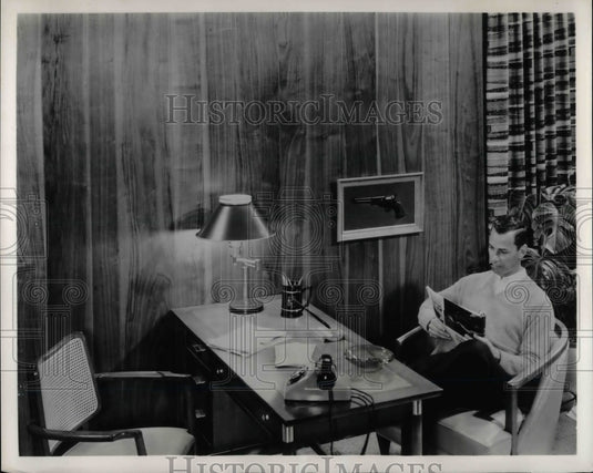1962 Press Photo Interior Decorating - real wood, real leather, paneling - Historic Images