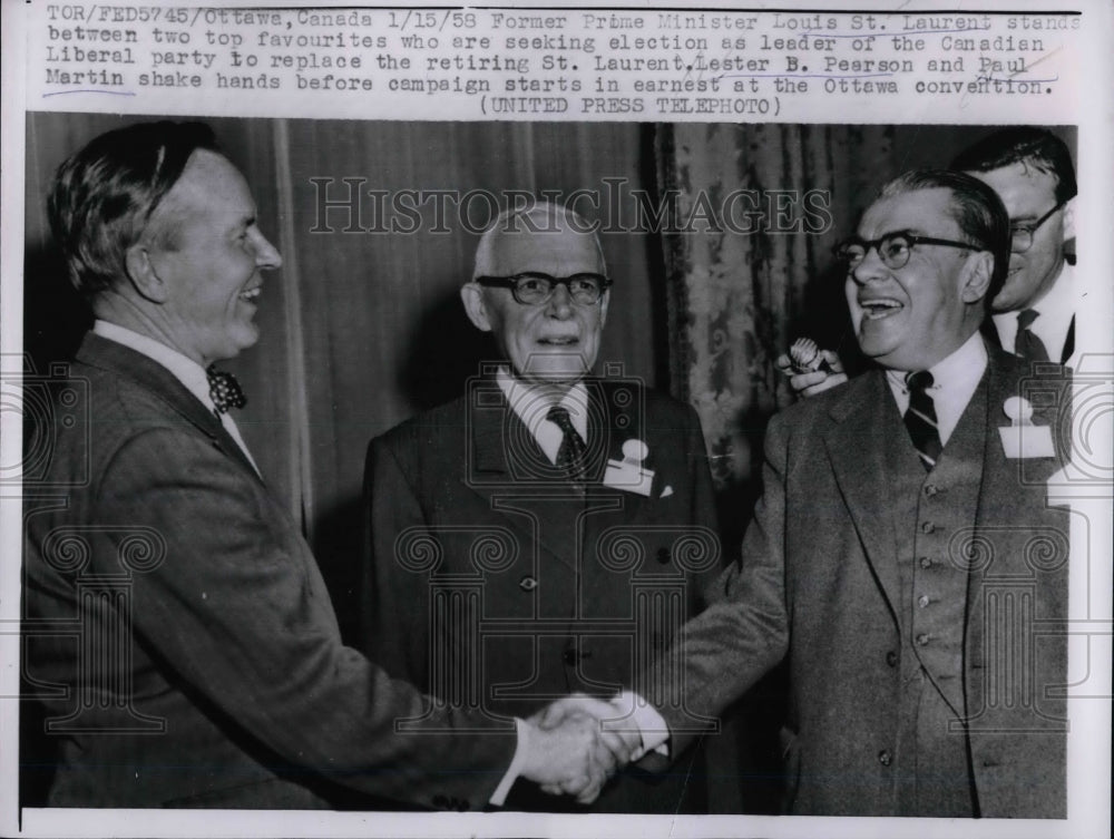 1958 Press Photo Former Prime Minister Louis St. Laurent, Lester Pearson - Historic Images