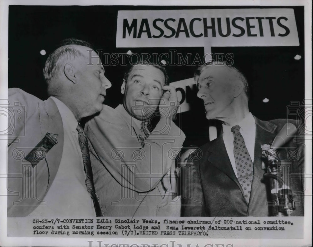 1952 Press Photo Sinclair Weeks, Sen. Henry Cabot Lodge, Sen. L. Saltonstall-Historic Images
