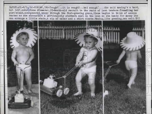 1962 Press Photo Diane Zimmerer, 18-months-old, mowing the grass - nea23378 - Historic Images