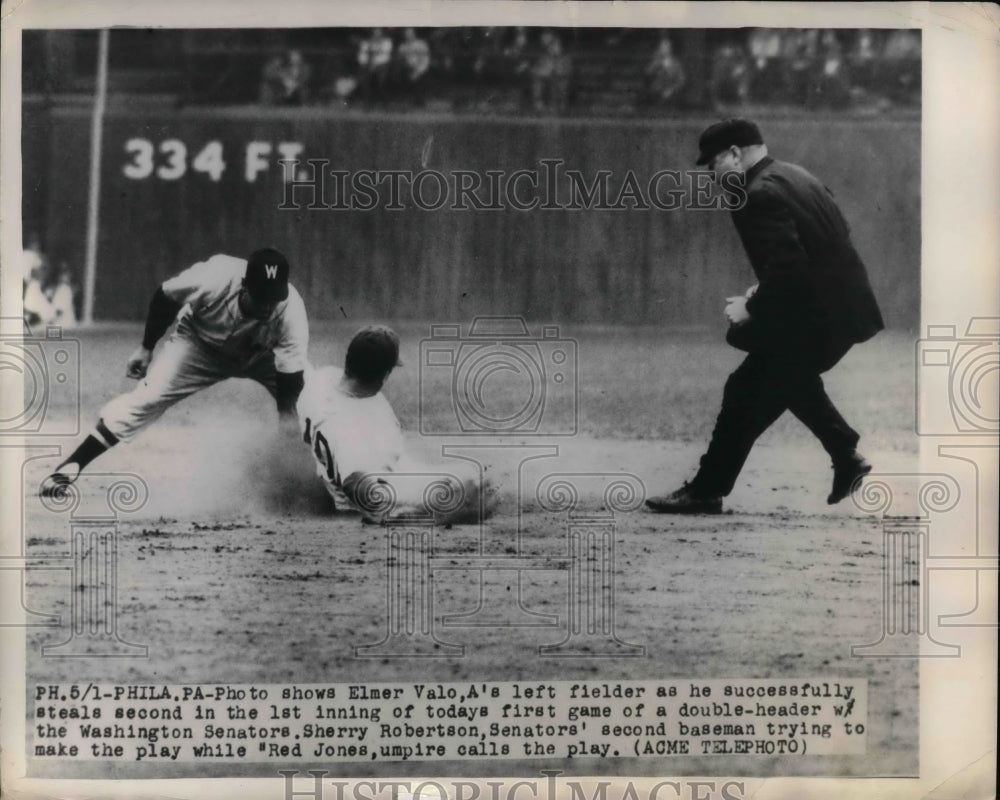 1949 A's Elmer Valo vs Senators Sherry Robinson - Historic Images