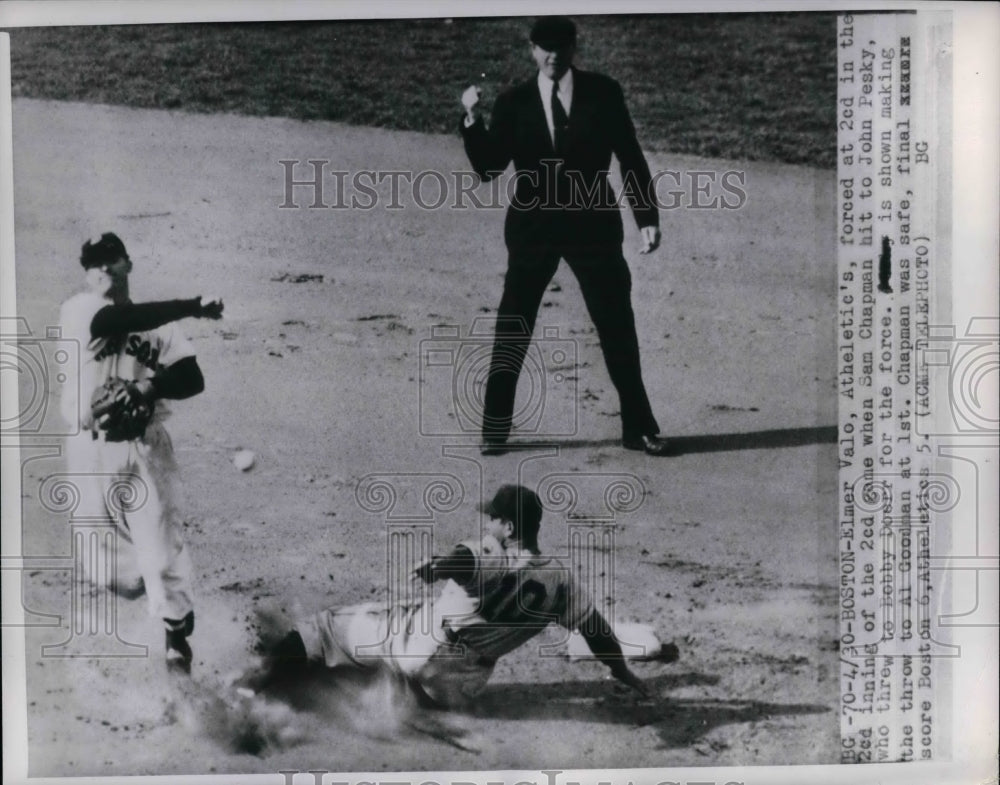 1950 A&#39;s Elmer Valo forced out vs Sam Chapman of Orioles  - Historic Images